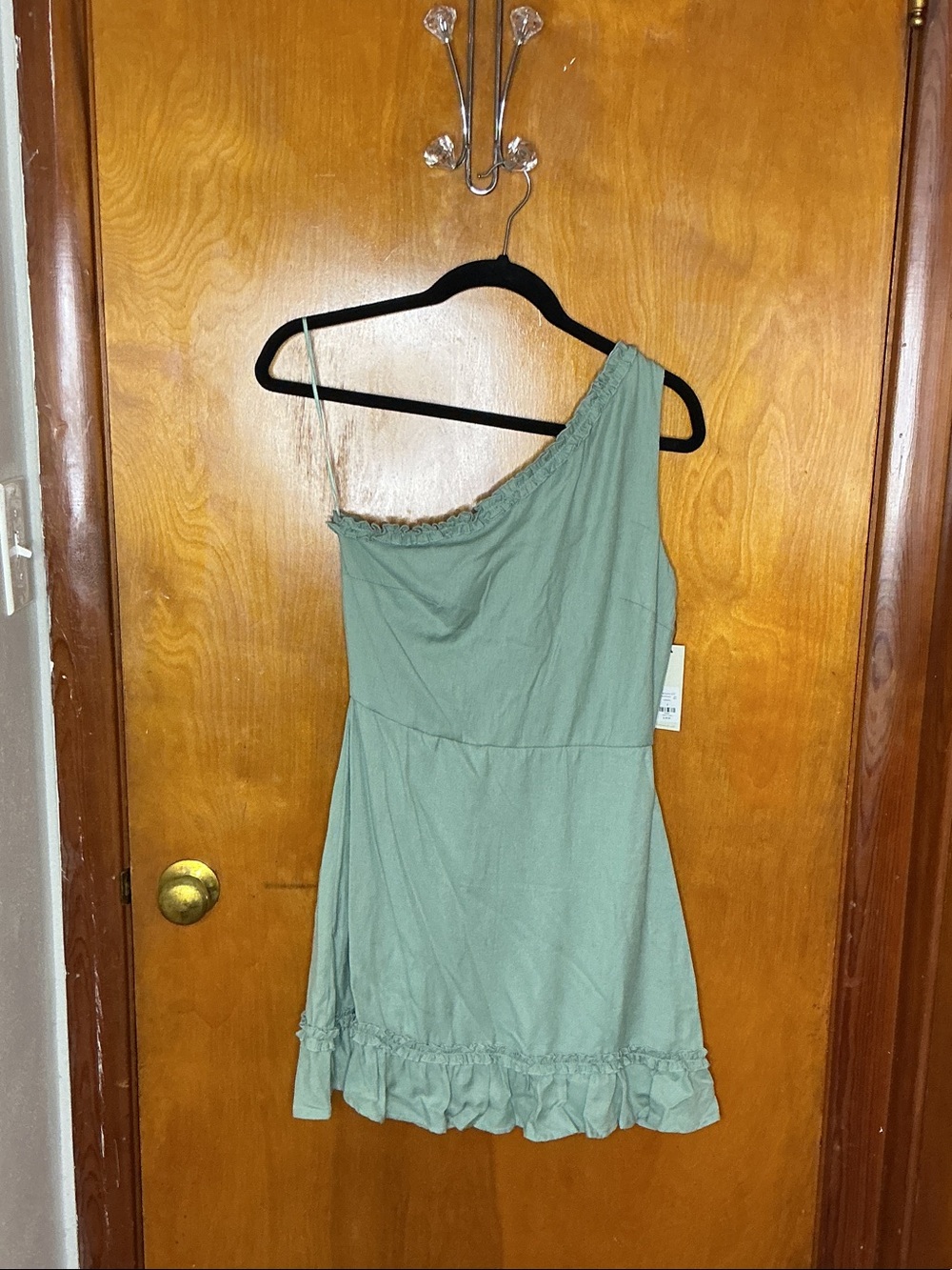 miami One-Shoulder Sage Green Ruffle-Hem Dress
